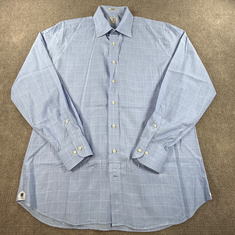 Peter Millar Mens Blue White Glen Plaid Cotton Button Down‎ Dress Shirt 17 XL